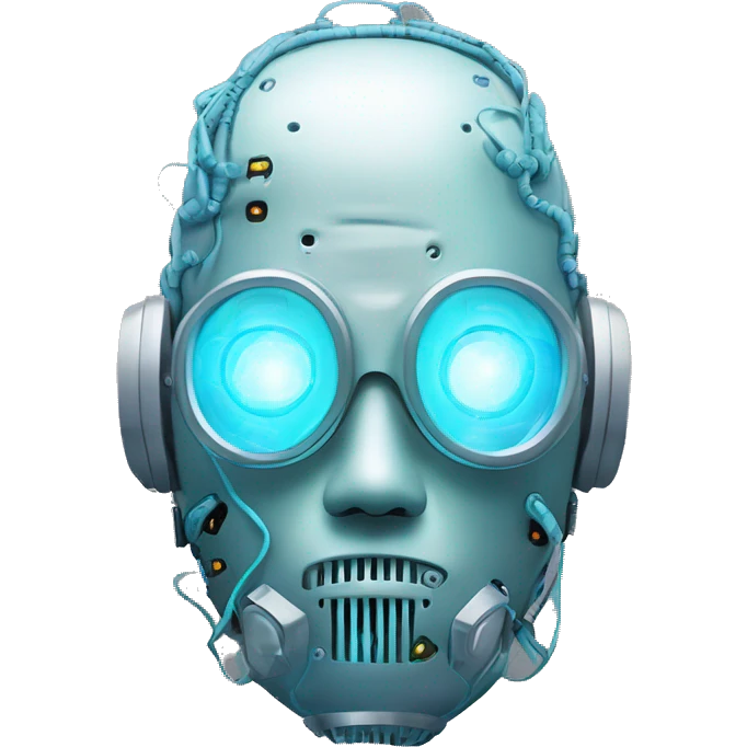 Pastel blue haired cyborg head with silver respirator mask and circuits emoji