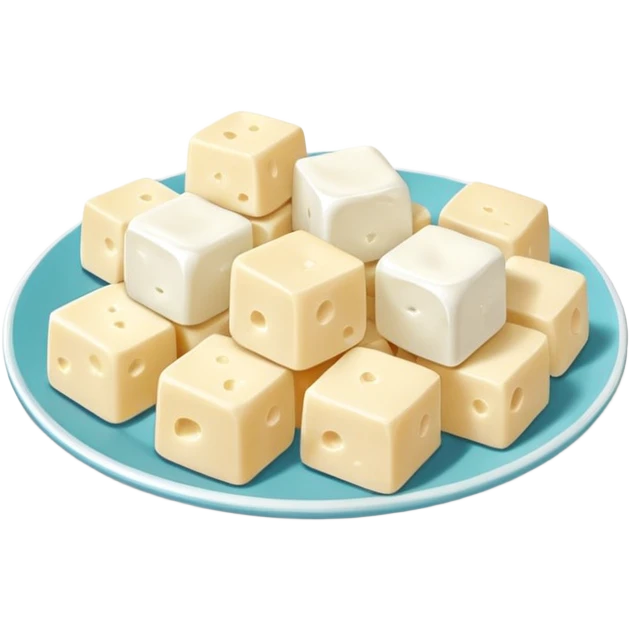 feta cheese cubes object icon, white cheese pieces on a small plate, 3D cartoon, mobile game icon style, clean background, no text, no watermark
 emoji