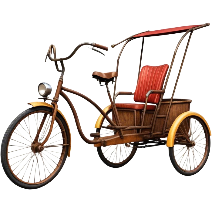 ​Cinematic Realistic Tricycle Rickshaw, depicted as a vintage manually operated vehicle featuring two front wheels and a single rear wheel, rendered with detailed rustic textures, vibrant colors, and dynamic urban lighting that captures its unique design and cultural charm, emoji