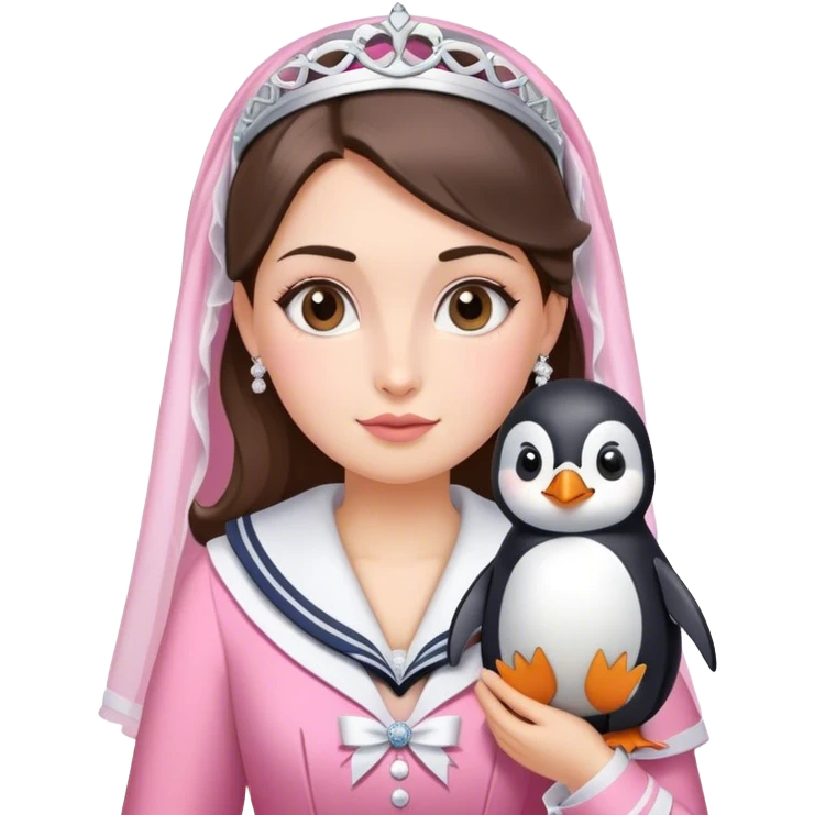 Una sposa con un vestito rosa e con un pinguino vestito da marinaio in braccio emoji