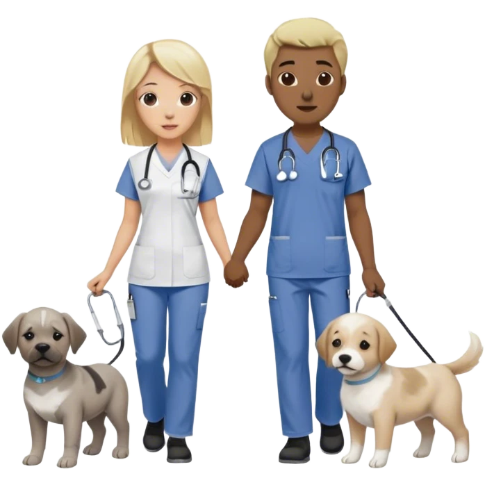 Blond white girl wearing nursing scrubs with 1 dog medium size white and gray and 1 dog large brindle and white with a black guy and their baby on a walk emoji