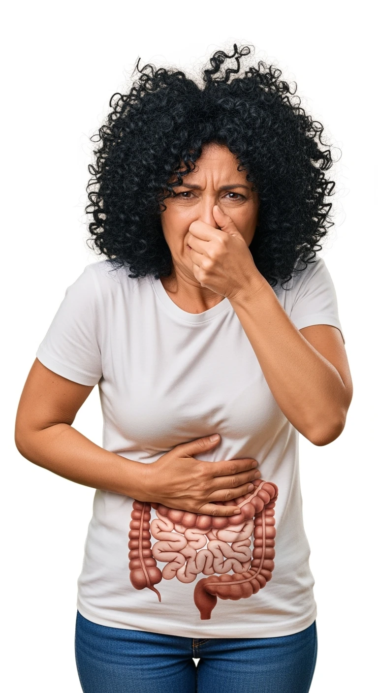 DONNA CHE SI TIENE LA PANCIA CON LA MANO E SI TAPPA IL NASO PER LA PUZZA, INTESTINO UMANO ANATOMICO IN EVIDENZA, ISOLATA SU SFONDO BIANCO emoji