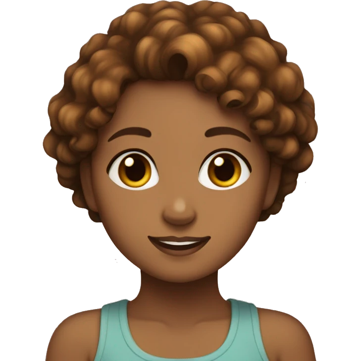 Light brown girl with short curly hair and brown eyes holding a tortoiseshell cat emoji