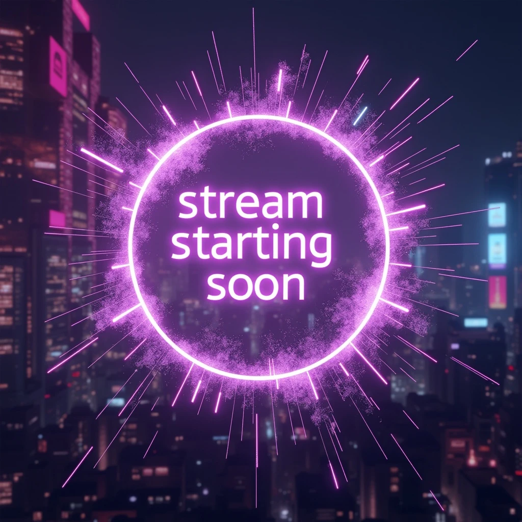 futuristic cyberpunk splash overlay, 'stream starting soon' in glowing lavender, holographic elements, cityscape hints emoji