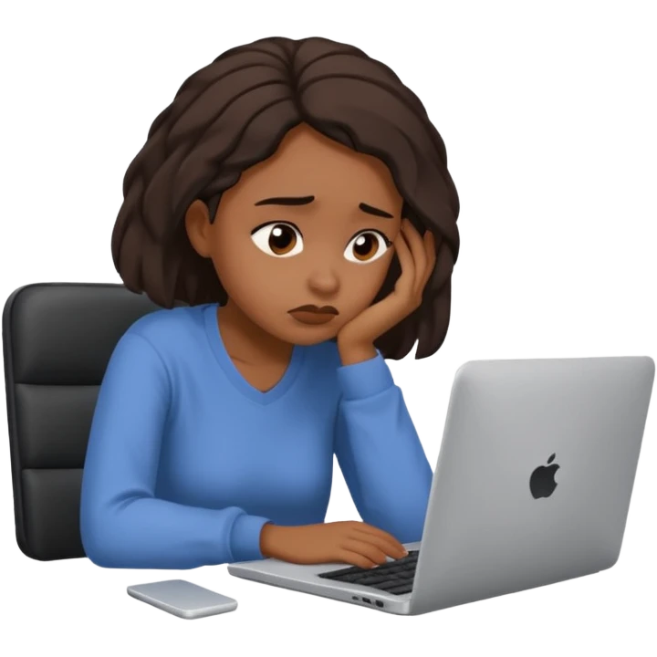 Create an emoji of a tired girl of african american descent, sitting at a laptop, looking exhausted and frustrated. They have slouched posture, representing overwork and burnout. emoji