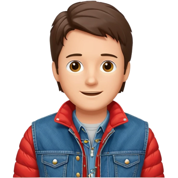 Marty McFly from Back to the Future, red puffer vest, denim jacket, confident smile emoji