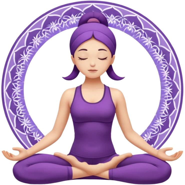 A woman in a purple yoga outfit resting in child’s pose, peaceful feeling, gentle mandala texture in background. emoji