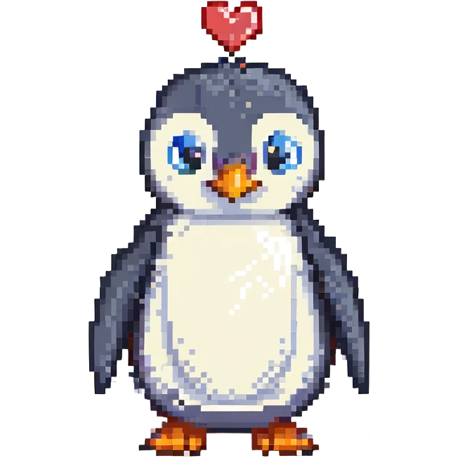 pixel art penguin with big eyes, beak open as if saying 'Abone ol', with a small heart emoji