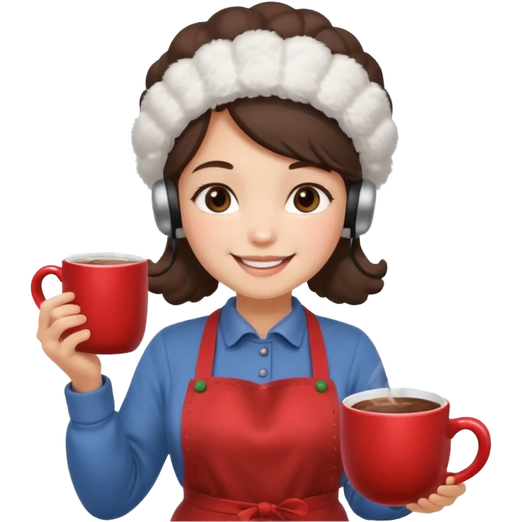 A cozy vendor with fluffy earmuffs, wearing apron handing out steaming cocoa with a warm smile. emoji