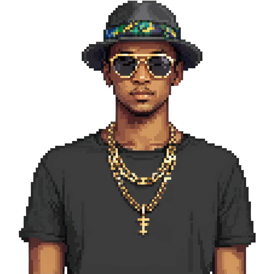 man with black sunglasses, black hat, and gold chain emoji
