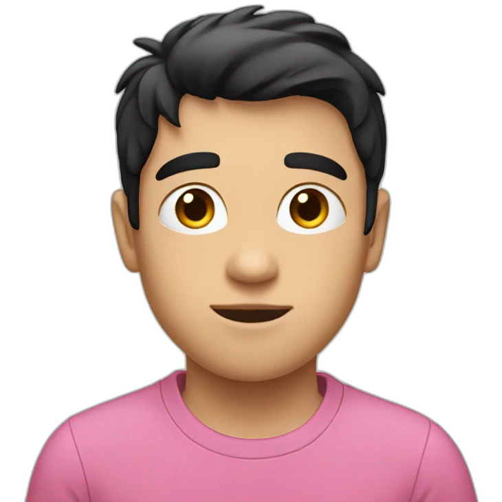 white boy with black hair in pink t-shirt with letters idea on the chest emoji
