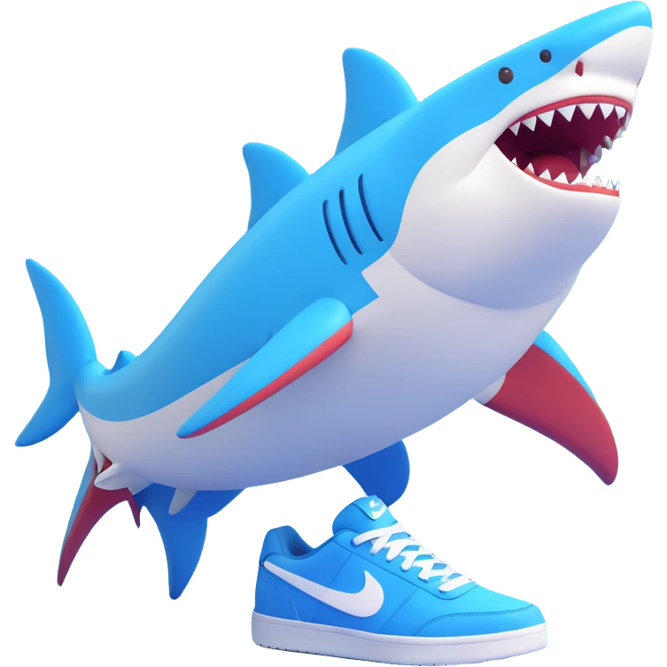 a fun and clear style shark wearing three blue Nike shoes emoji