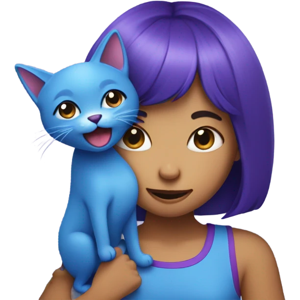 Girl holding purple cat biting blue dog emoji