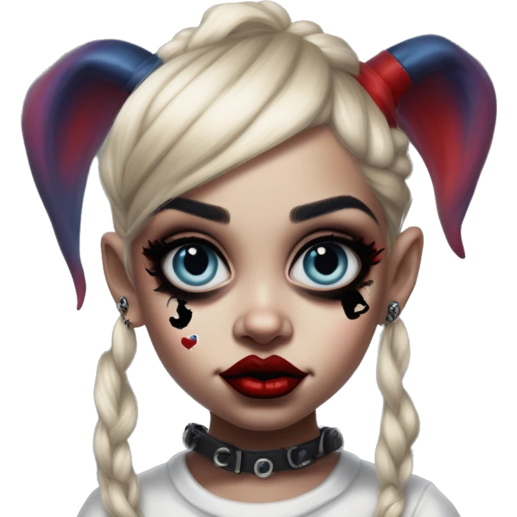 Gnome Rihanna in Harley Quinn style, oil paint, mysterious eyes, intricate lips, masterpiece portrait, odd perspective, beautiful, desirable, logical emoji