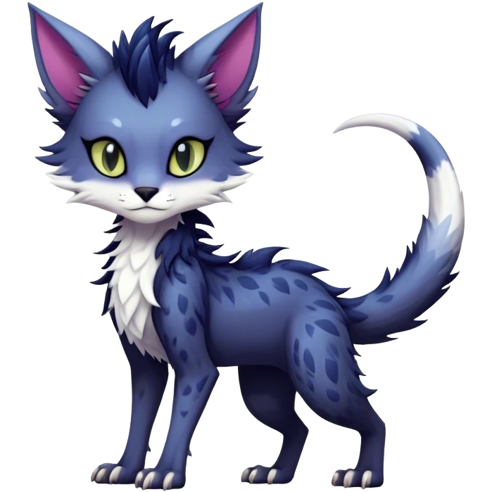 Kawaii dark edgy fantasy feline-vernid-sergal-fursona animal creature with a tufted tail with tufted ears full body with cool sharp markings  emoji