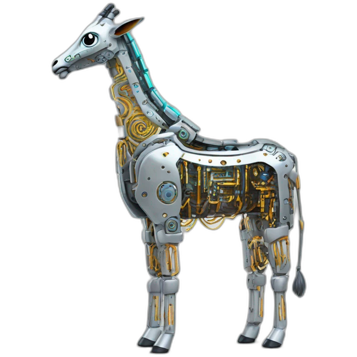 Una girafa robotica con patrones de circuitos brillantes en su piel, piernas con juntas móviles y piezas de metal relucientes emoji