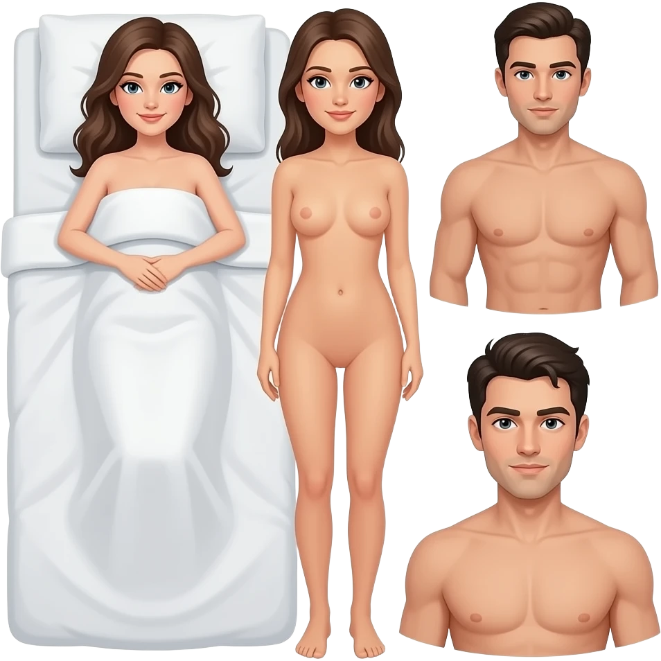 Une femme qui s'appelle Léa nue dans le lit sans couverture une zezette et un mec nue emoji