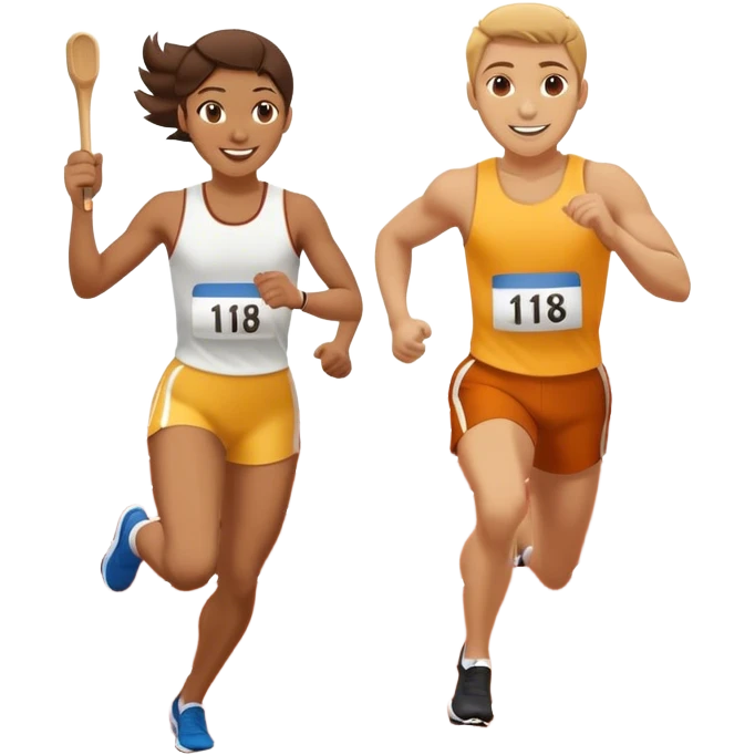 Show the baton being passed off like in a relay race. Make them smiling  and running in a track relay race. One needs to be running and hanging one baton to the other  emoji