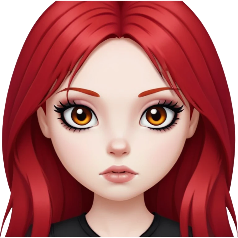 emo alternativ red long hair, pale skin,  brown iris, pretty bratz baddie, strong black eyeliner emoji
