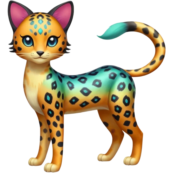 Colorful iridescent  exotic esoteric patterned Gradients-colored realistic elegant lanky feminine cute pretty  Liepard-Litten-Meloetta-Sprigatito-Pokémon-fusion-creature (full body) emoji