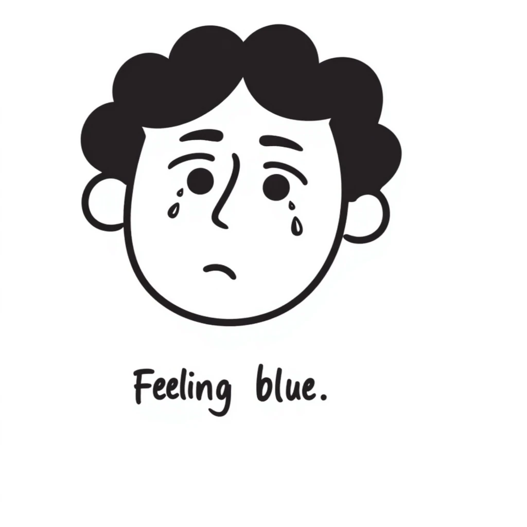 Sad face with tears saying "Feeling blue" emoji