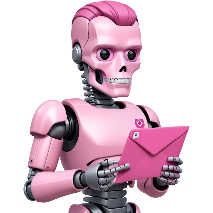 schwarzenegger-looking half robotic half human pink terminator holding pink email envelope emoji