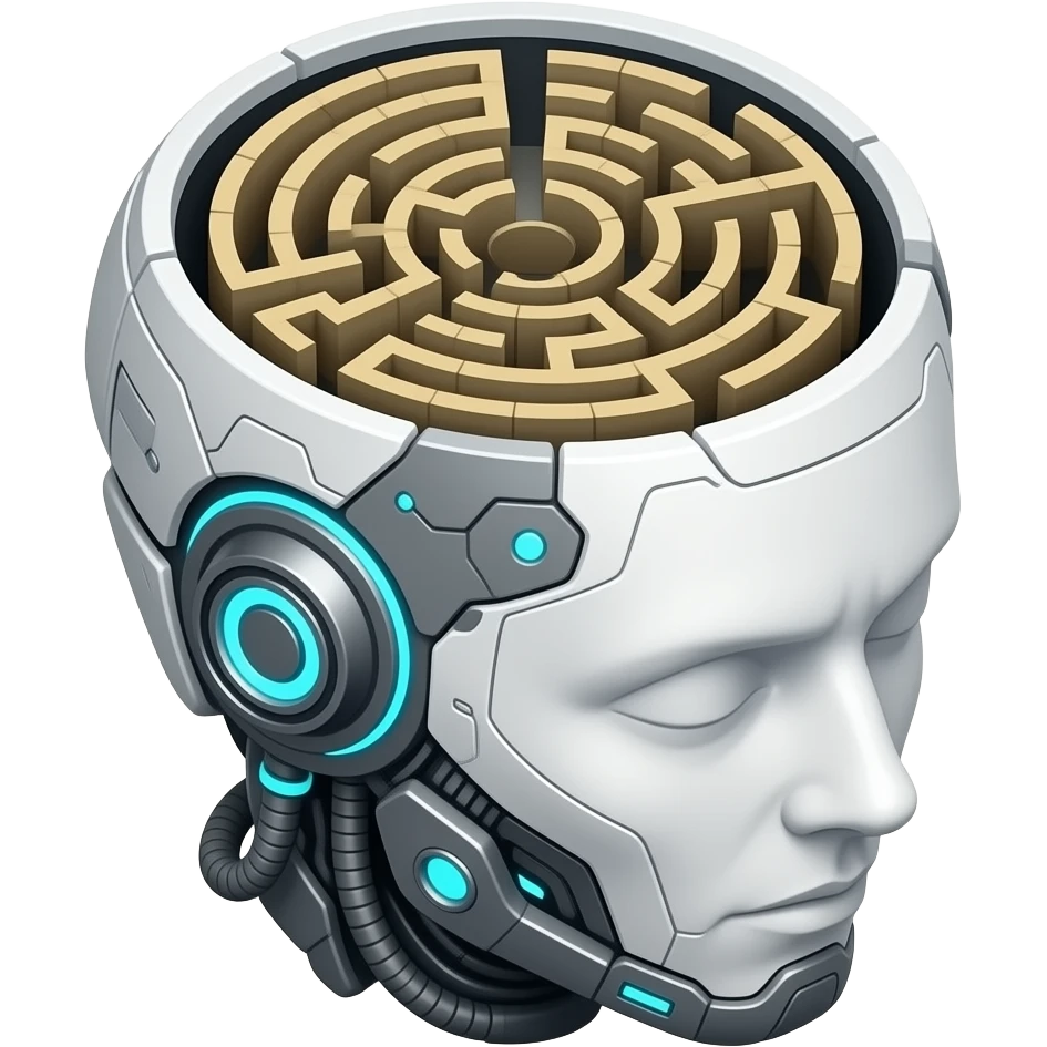 synthwave - a view from above into an open futuristic cybernetic head that contains the space of an ancient labyrinth emoji