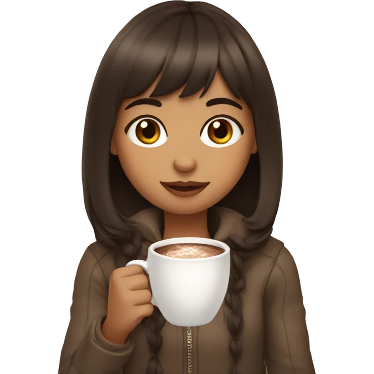 Girl with bangs sipping hot coco brown hair emoji