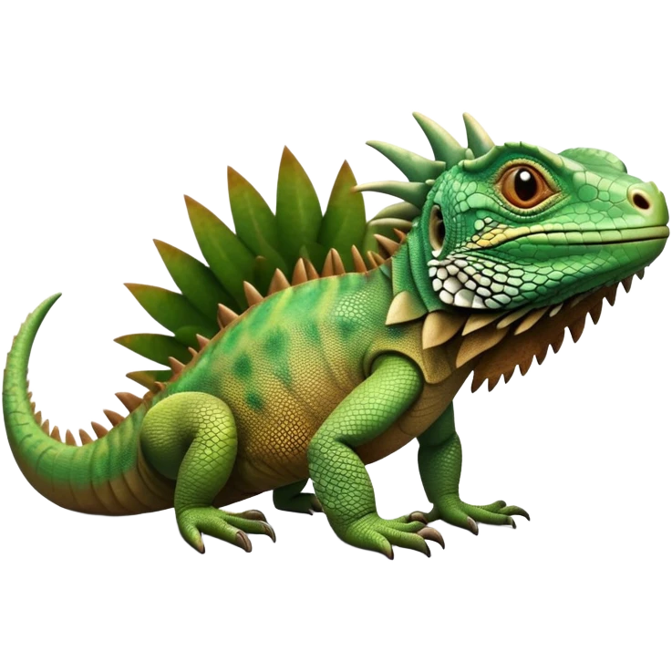 cinematic-iguana-realistic-full-body-basking-emoji,-long-scaly-body-stretched-out,-spiny-ridge-running-down-its-back,-textured-green-and-brown-skin-dappled-with-light,-sharp-intelligent-eyes-studying-the-surroundings emoji