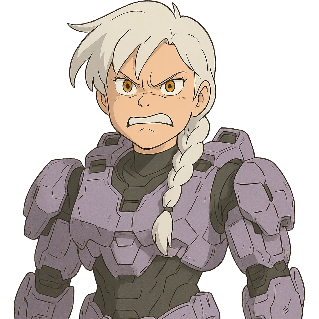 making an angry scowl, frown closed mouth, rage face, rage aura,  female, wearing reach spartan armor shoulder-unequip, long white braid hair with massive messy front side single bangs, gold yellow eyes, attention pose, D-cup size, HALO:series, no helmet, the armor is lavender color scheme, emoji