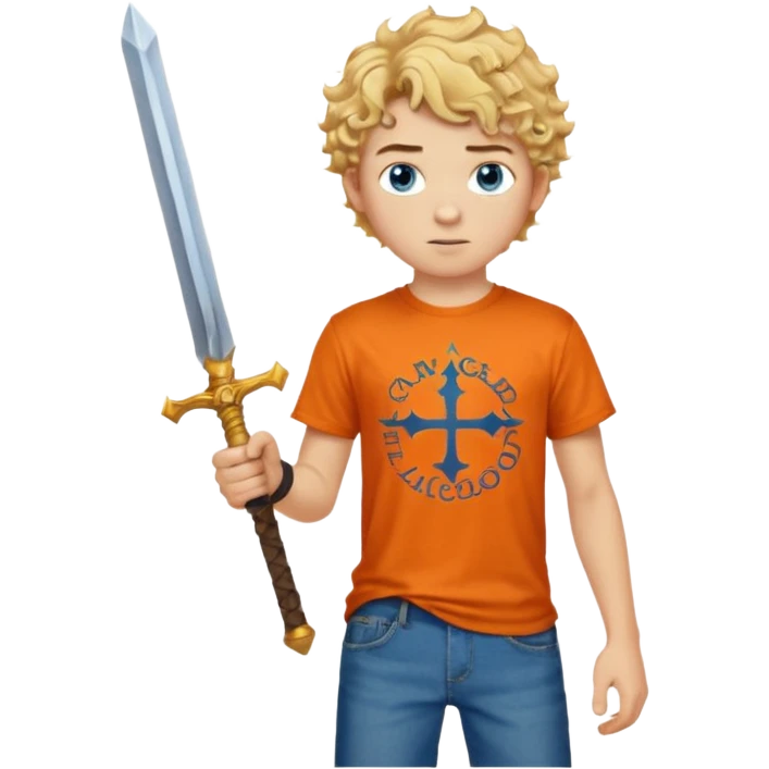 20 year old boy with curly blond hair and blue eyes with freckles wearing an orange no blue “Camp Halfblood” tshirt with the official percy jackson camp halfblood logo on it and blue jeans have him swinging a gold sword  emoji