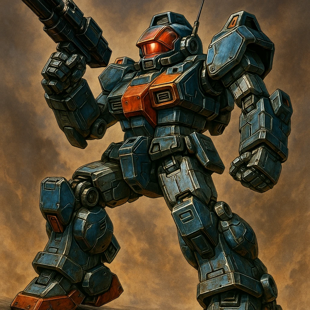 HI-METAL R Dougram, detailed mecha robot, dynamic pose, metallic textures, anime style emoji