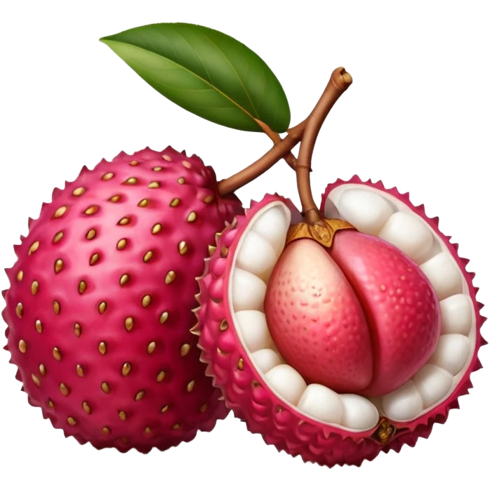 one whole lychee with rough, bumpy pink-red skin and a second one peeled open to show glossy white flesh and smooth brown seed inside, juicy translucent texture, soft lighting, subtle shadows, subtle highlights, no leaves, plate, or extras, apple emoji style, emoji scale emoji