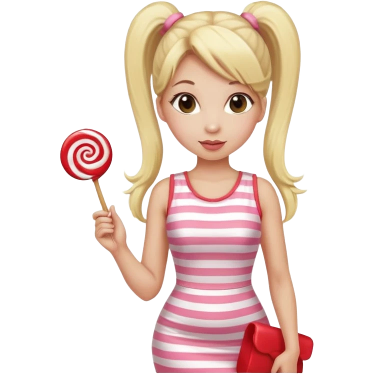 Beautiful woman with long blonde ponytails wearing light pink bodycon dress holding a lollipop emoji