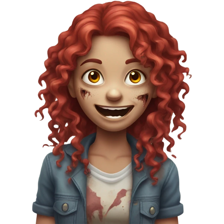 Happy zombie girl red long curly hair with both hands in the air emoji