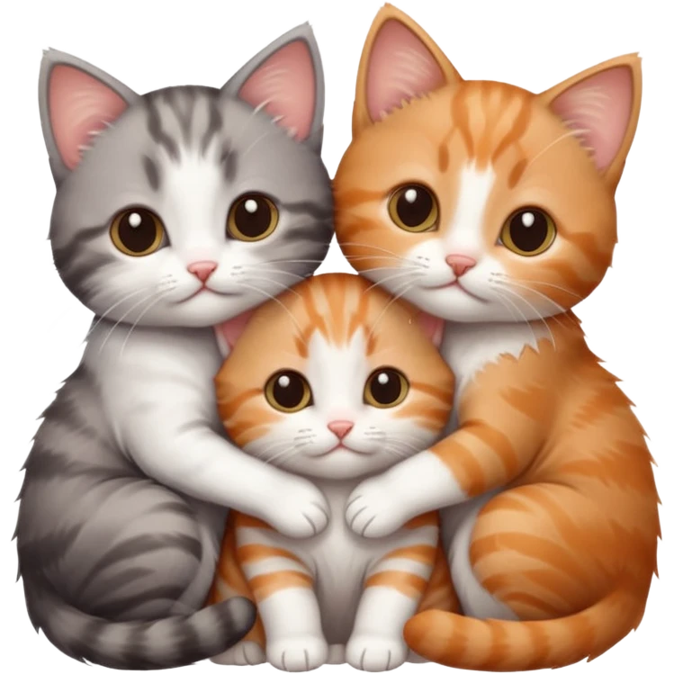 3 very small kittens cuddling together all different colours, the first one is grey and white, the second is ginger and white and the third is brown tabby and white emoji