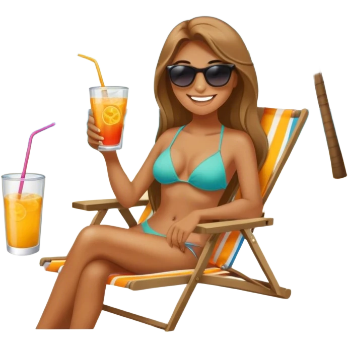 Female smiling with long hair in beach chair with drink  emoji