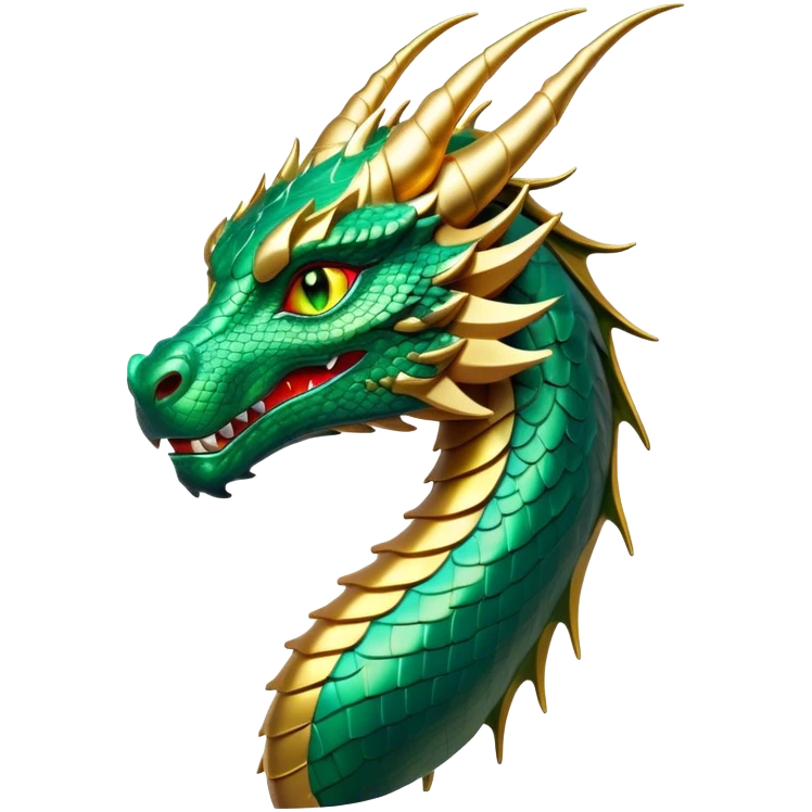 Cinematic Noble Dragon Portrait Emoji, Poised and majestic, with a sinuous, elongated build and shimmering, scale-covered skin in hues of emerald and gold, piercing, fiery eyes, Simplified yet sharp and sophisticated features, highly detailed, glowing with a mystical, radiant glow, high shine, intelligent and formidable, stylized with an air of ancient power, focused and attentive, soft glowing outline, capturing the essence of a watchful and legendary dragon that feels as though it could soar out of the screen with effortless authority! emoji