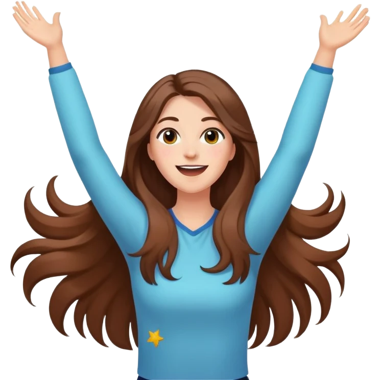 excited woman with long brown hair with arms raised above head with confetti and stars  emoji