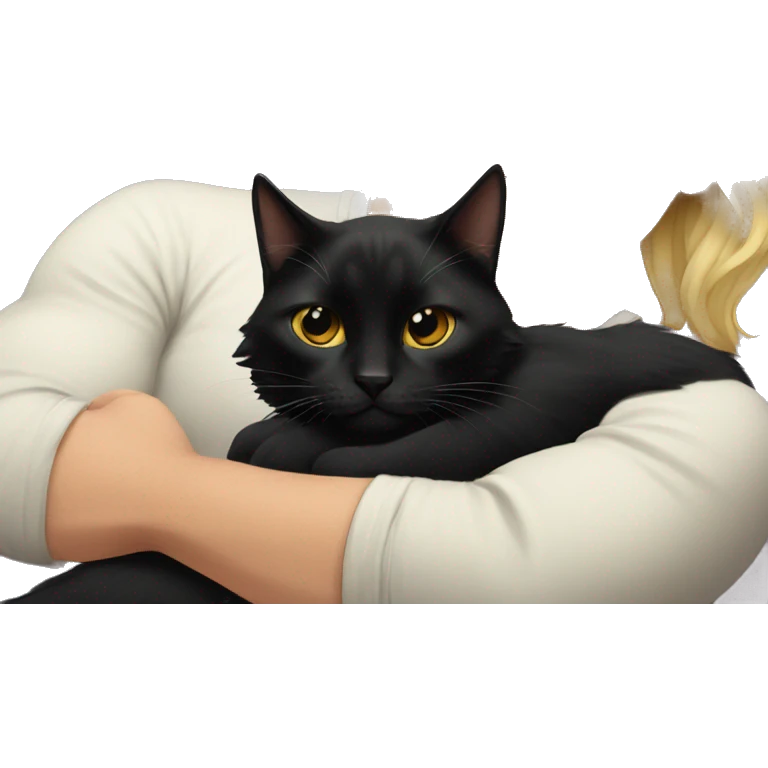Black cat laying on man with long blonde hair and tattoos  emoji
