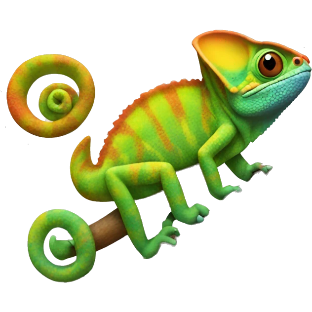 A multicoloured chameleon standing on a tree branch emoji