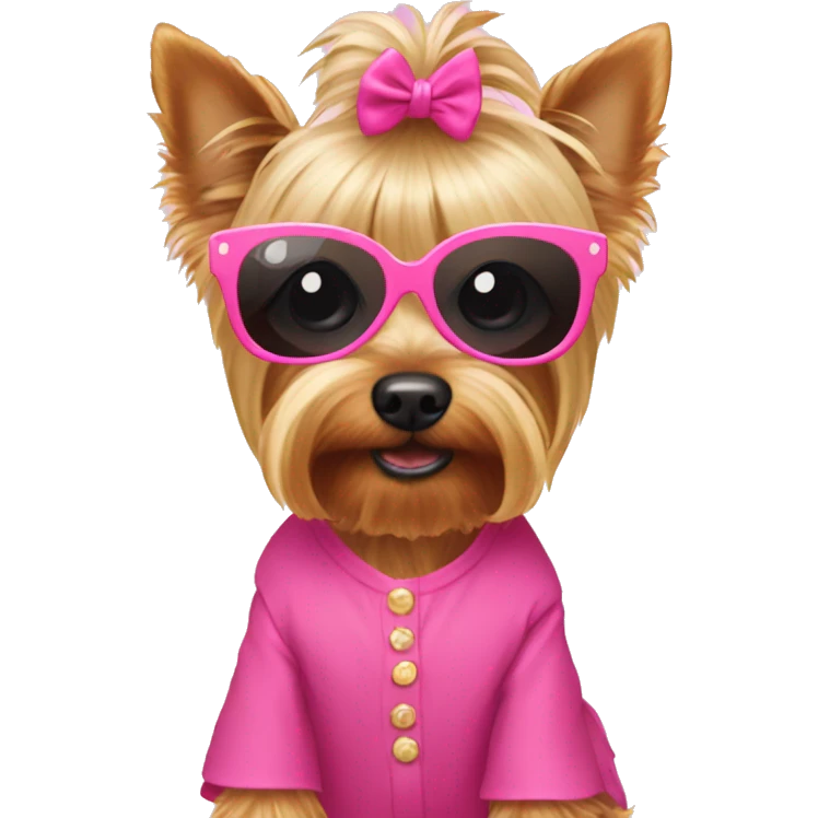Blonde Yorkie wearing pink sunglasses and a pink dress  emoji