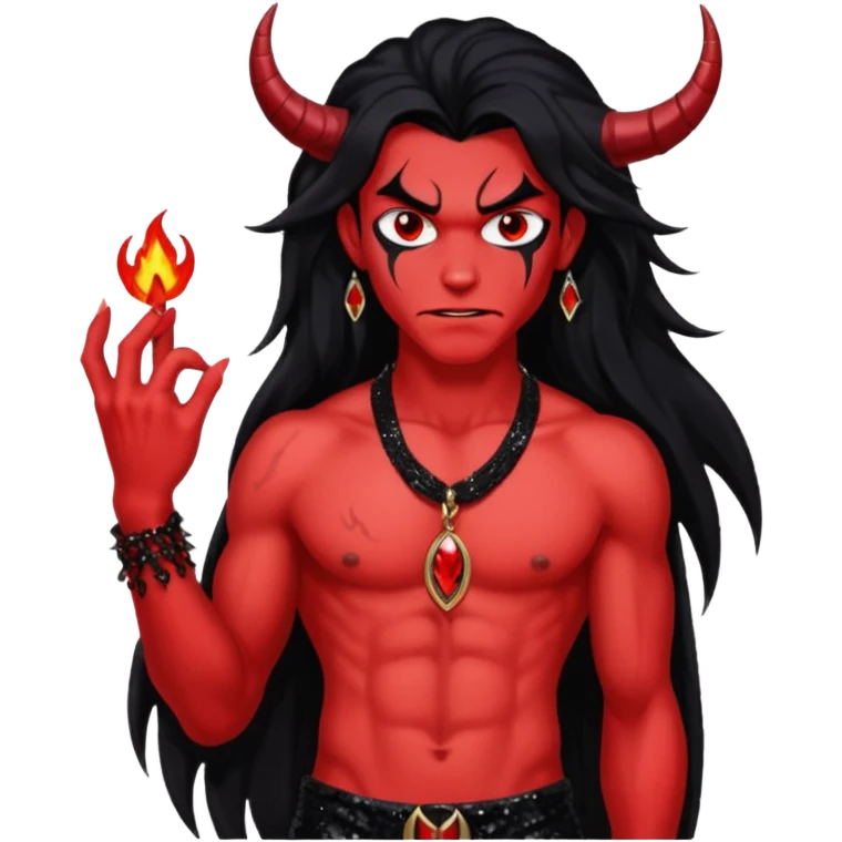 Satan with red skin, long black hair, black sequin baggy pants, shirtless with necklace emoji