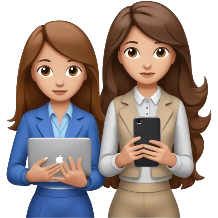 two brown haired girls, looking professional maybe leaned back on back and looking forward and using phones, with longer hair and with some cute clothes without ties, blowout hair, one girl can hold lap top athoer one can hold the phone emoji