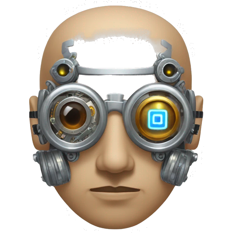 Tan bald male Latino cyborg head with grey beard, silver steampunk monocle goggles and circuits emoji