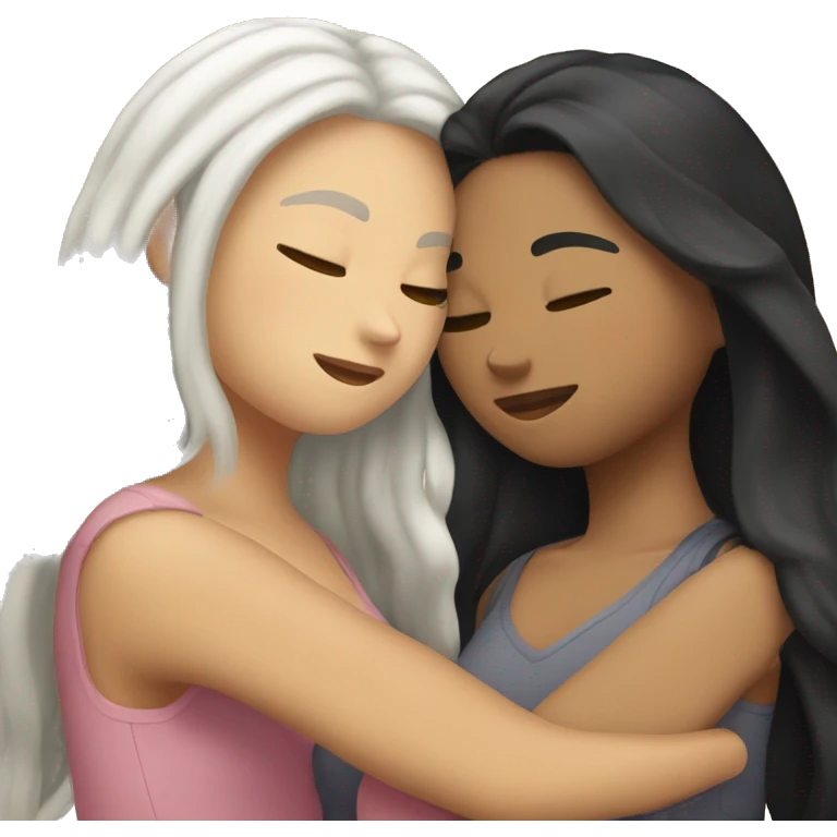 A lesbian couple who both have white skin and long black hair are hugging intimately. emoji