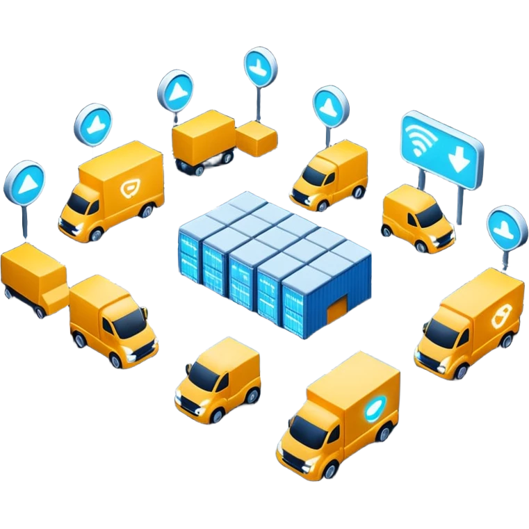 create a realistic emoji of a futuristic warehouse automation. A autonomous trucks, smart drones, and glowing data networks can be part of it as well — cinematic lighting, innovation atmosphere. emoji