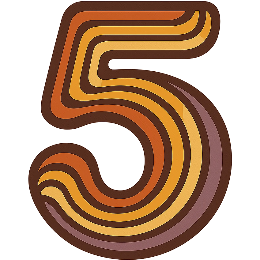 number 5 in retro 70s style, wavy lines, orange, yellow, brown, and purple color palette emoji