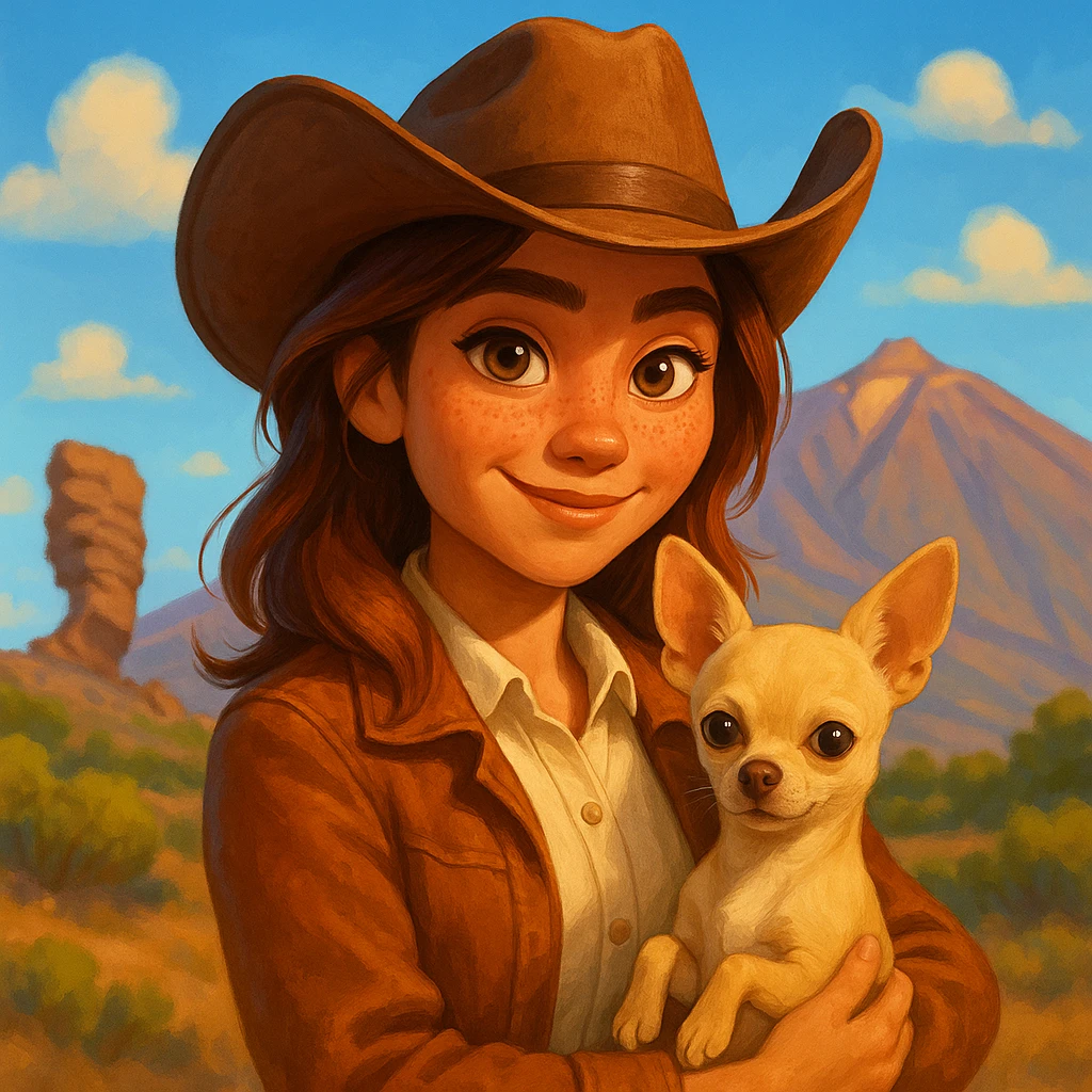 Portrait of a female cowboy with cream shirt and cognac-colored jacket, freckles, tanned skin, hazel eyes, auburn-highlighted hair, holding a beige chihuahua in her arms, with a blurred background of Tenerife, in a bright and expressive Pixar art style illustration emoji