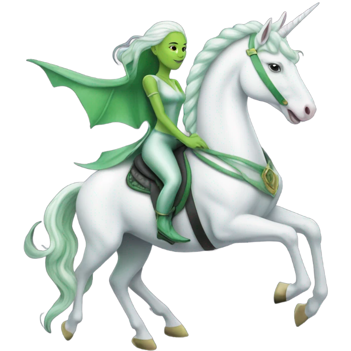 a green amazon alien woman on a white unicorn no woke emoji